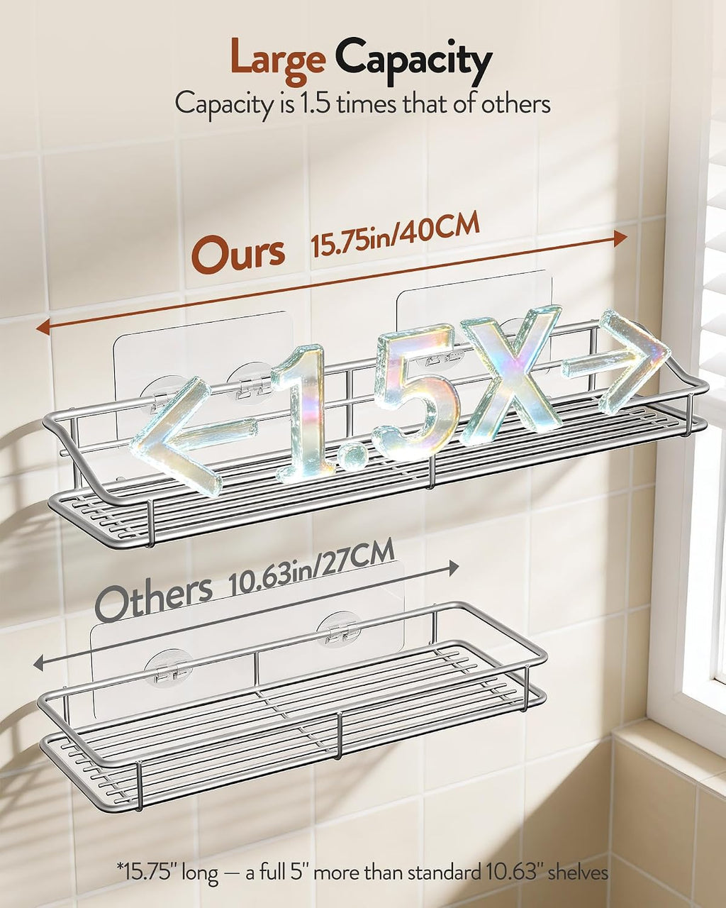 Orimade Bathroom Shelf Organizer Shower Caddy Storage Kitchen Rack with Traceless Transparent Adhesive No Drilling SUS304 Stainless Steel, 15.75 inch, Silver