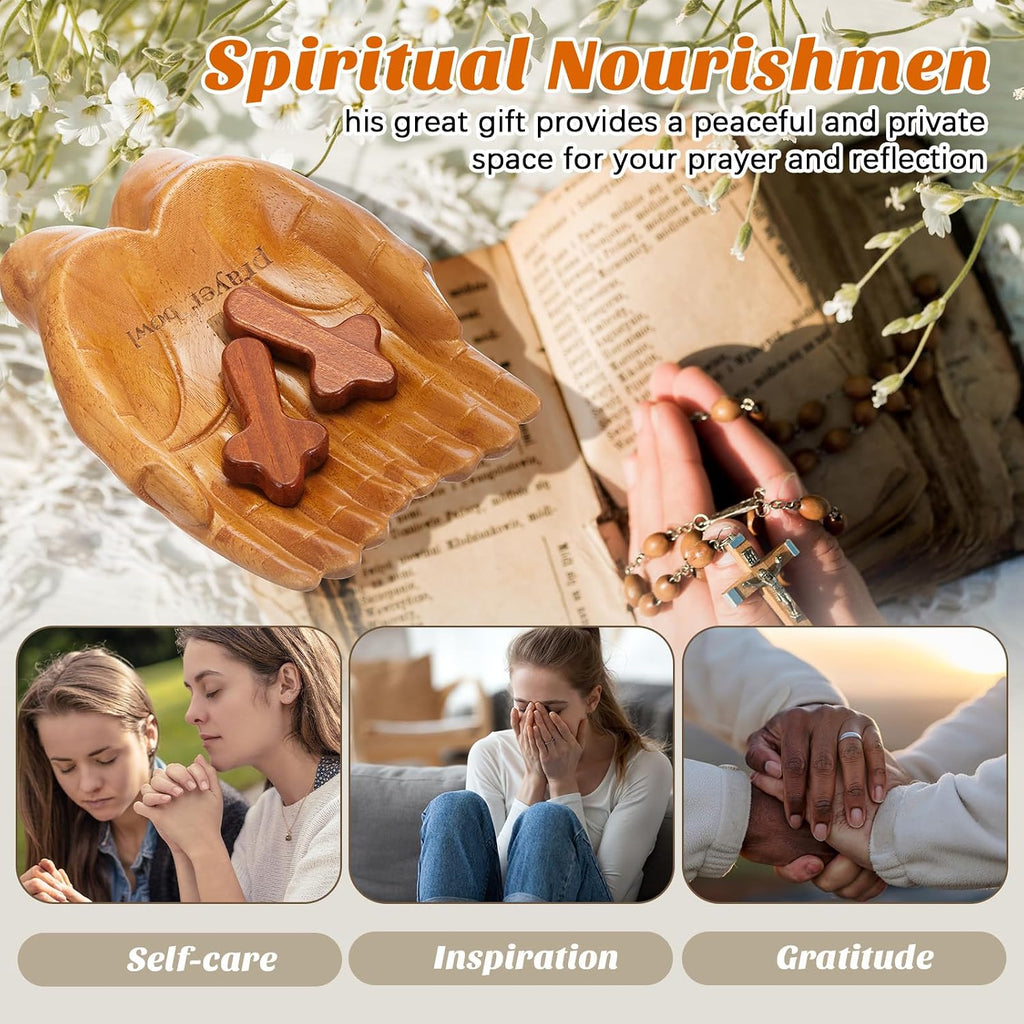 LemonRoad 36 Pcs Prayer Bowl Set Christian Gifts Wooden Prayer Bowl with 5 Wood Hand Held Crosses 30 Printed Cards Religious Gift for Mom Dad Birthday Retirement Home Table Decor(Hands Shaped)