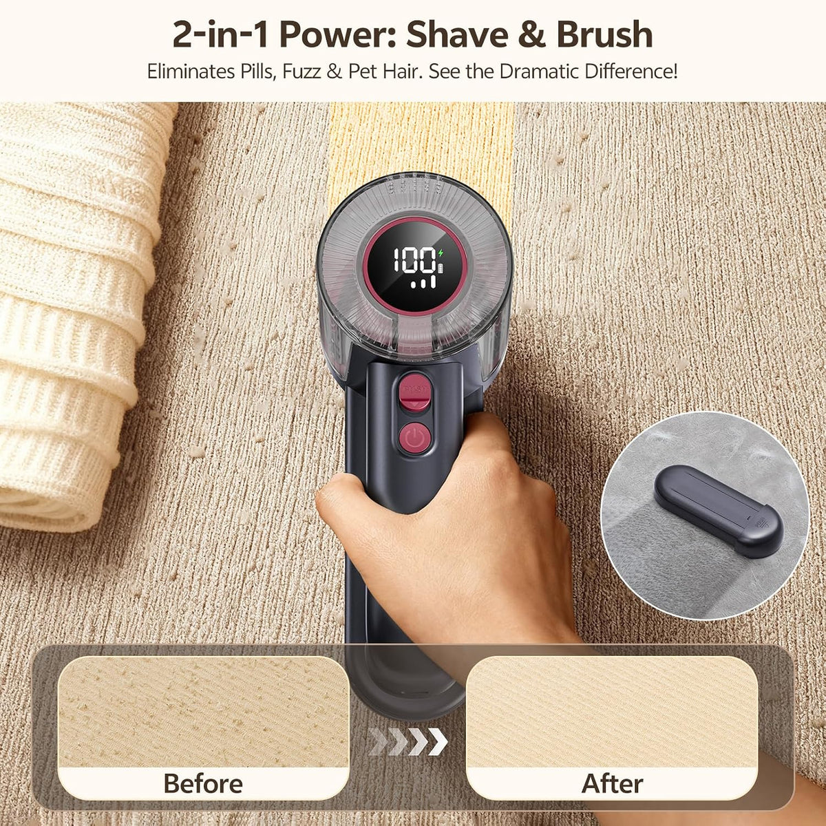 Rechargeable Fabric Shaver, 2-in-1 Lint Remover with 6-Blade (BlueRose)