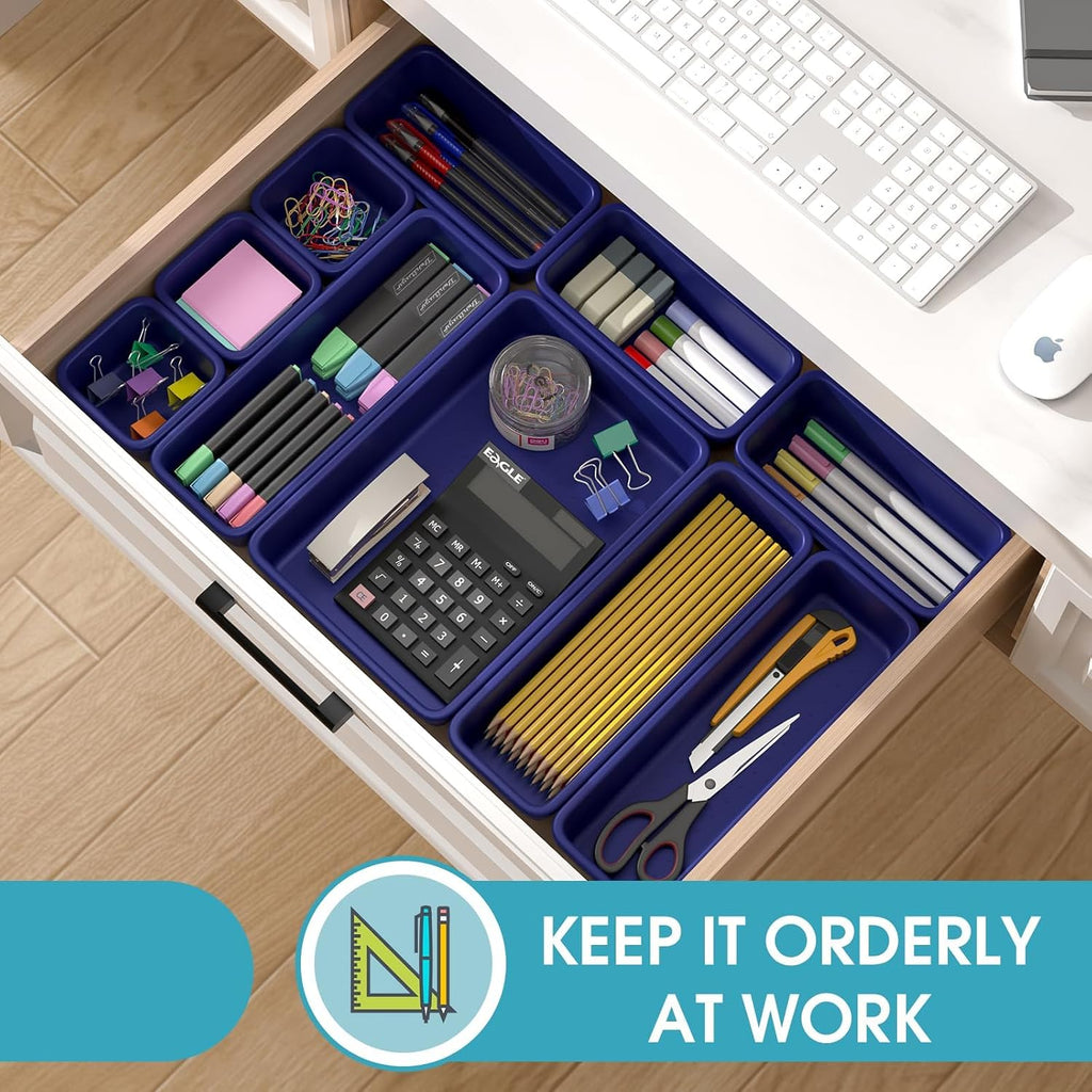 StoreHappily 10 PCS Drawer Organizer Set, 4 Size Makeup Drawer Divider Organizer With Non-Slip Pads, Interlocking Plastic Storage Bins for Office,Jewelry Vanity,Gadgets, Bathroom,Kitchen, Navy