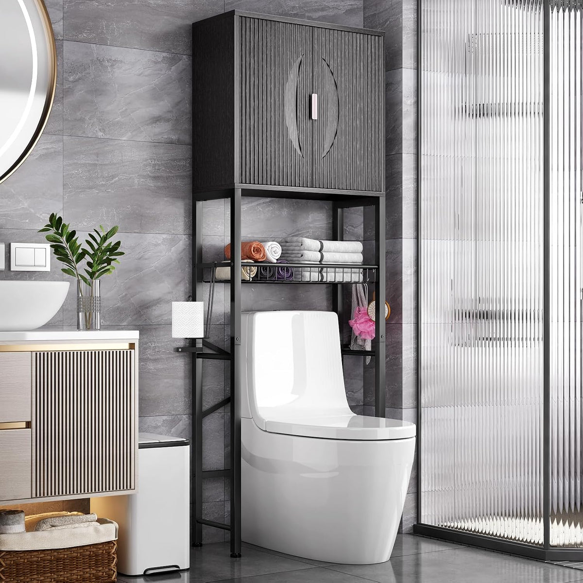 Kalrin Over The Toilet Storage Cabinet with Fluted Wave Doors and Adjustable Shelf, Wood Over Toilet Storage Rack with Drain Basket, Freestanding Bathroom Organizer for Balcony Laundry, Pure Black
