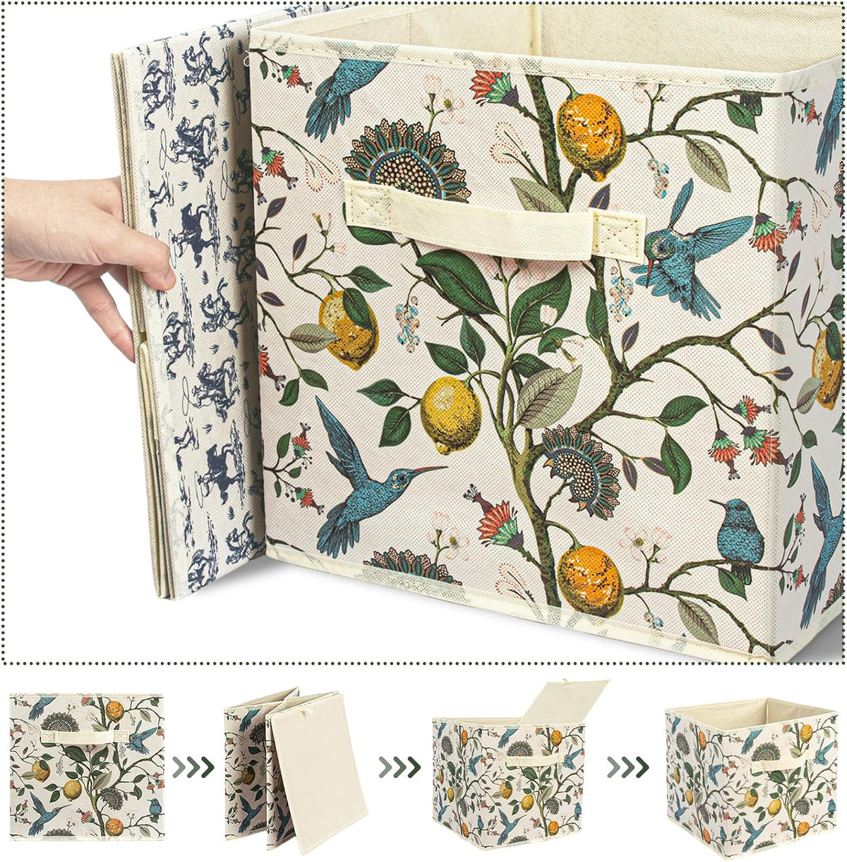BBSET 6 Pcs Birds Flora Boho Cube Storage Bins 12.5 inch with Handle