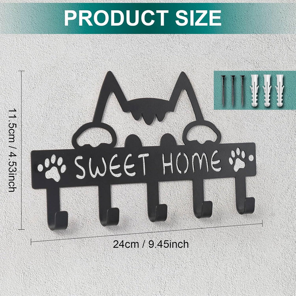 Key Holder Hooks Wall Mounted Organizer Hanger Rack, Cat Sweet Home Wall Metal Decor for Entryway Front Door Kitchen Hallway Garage Mudroom Office