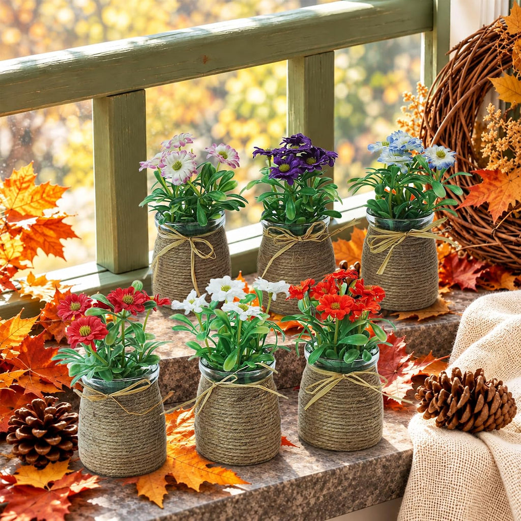 6pcs Artificial Daisy Fall Flowers in Small Glass Container
