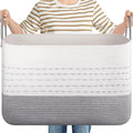 OIASKET XXL Large Blanket Basket for Living Room, 108L Woven Storage Baskets for Organizing, Rectangle Cotton Rope Basket Toy Chest With Handles-Grey & White