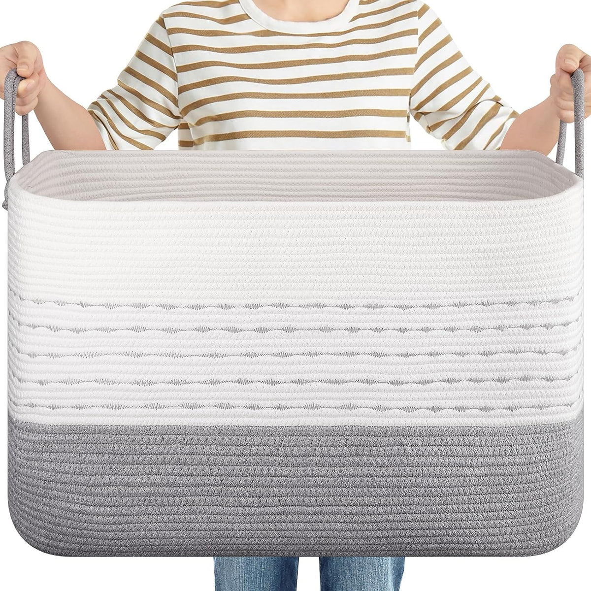 OIASKET XXL Large Blanket Basket for Living Room, 108L Woven Storage Baskets for Organizing, Rectangle Cotton Rope Basket Toy Chest With Handles-Grey & White