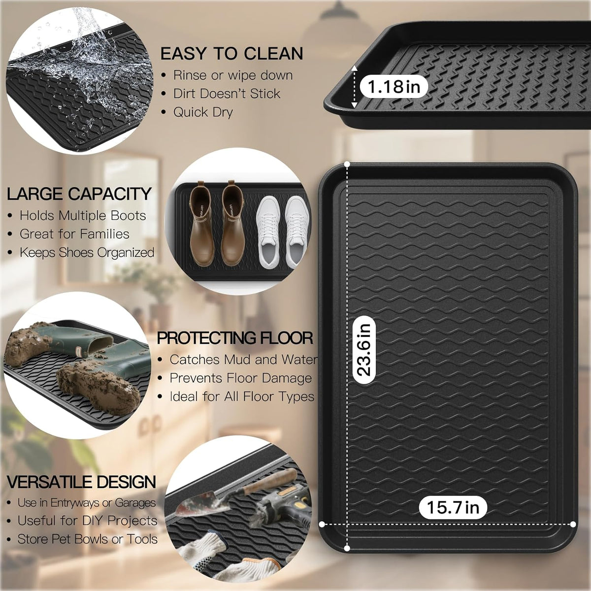 Boot Trays for Entryway, Multifunctional Shoe Mat with Cleaning Brush, Boot Tray for Shoes Plants Pots Paint Tins Pet Bowls Black (3pcs 23.6'' x 15.7'' x 1.2'')