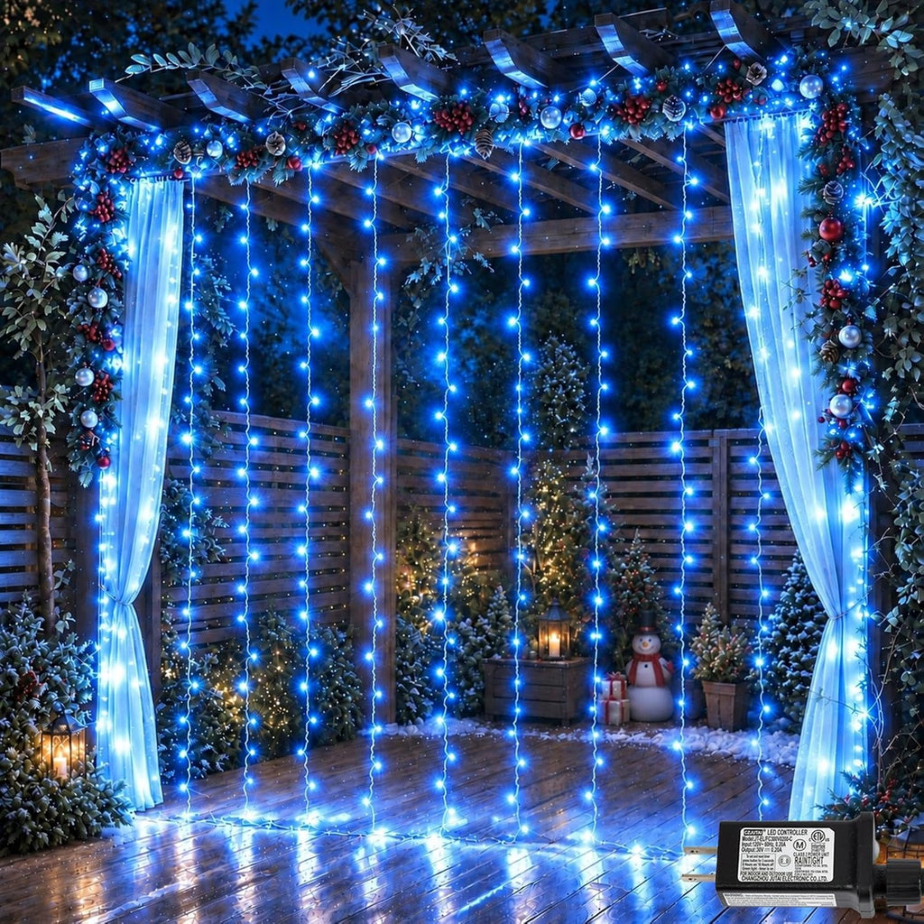 YEGUO 300 LED Blue Christmas Lights, Curtain Lights Plug in, 8 Modes Hanging String Lights for Bedroom Wall Window Backdrop Indoor Outdoor Party Xmas Decorations-9.8x9.8ft