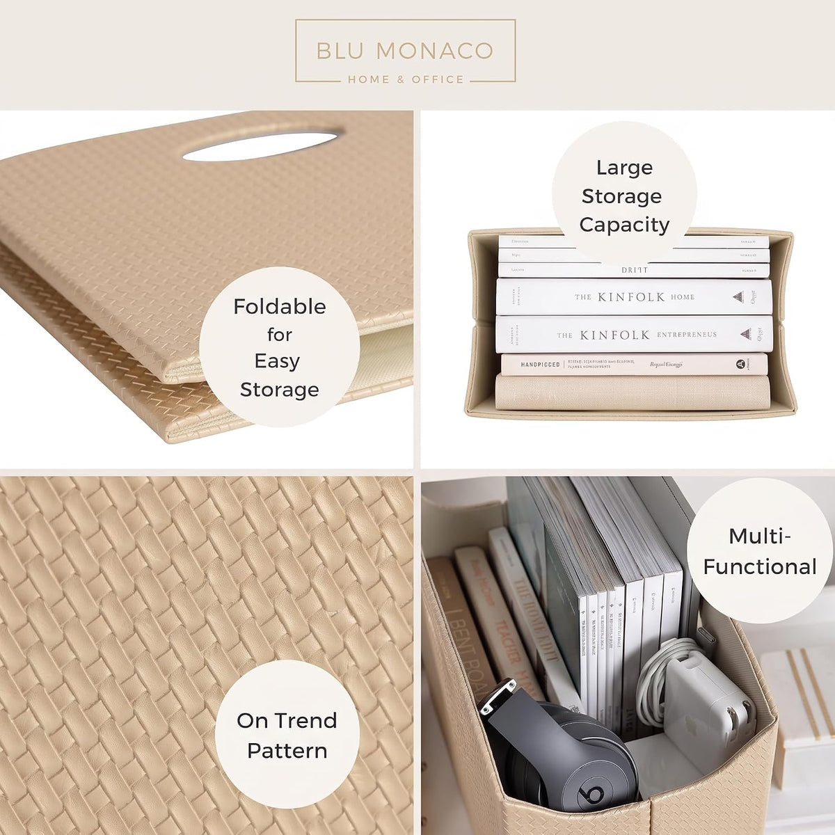 BLU MONACO Magazine Holder - Woven Leather Magazine Basket with Handles - Stylish Rack for Floor or Table - Perfect for Coffee Table, Side Table, Living Room, Reception Desk, or Bathroom (Pebble)