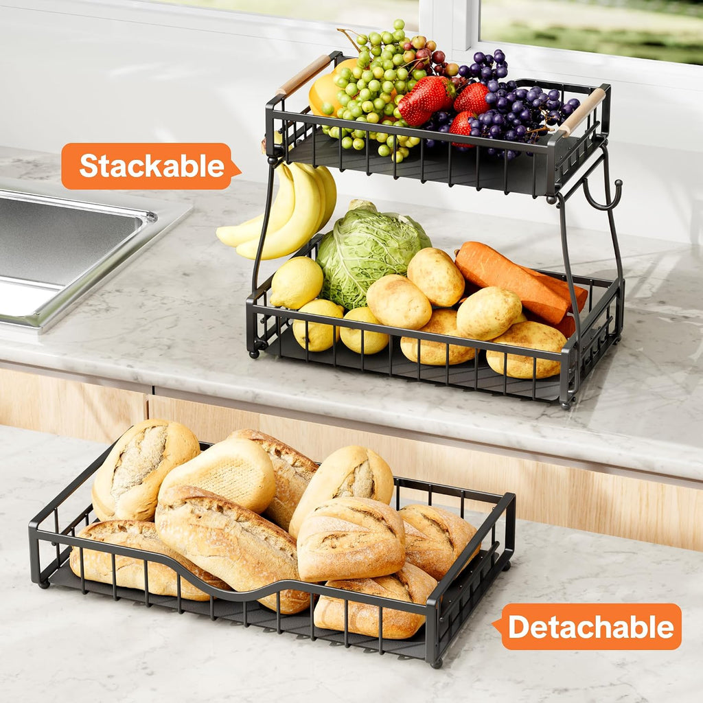 3 Tier Fruit Bowl,Fruit Basket with Banana Hangers,Black