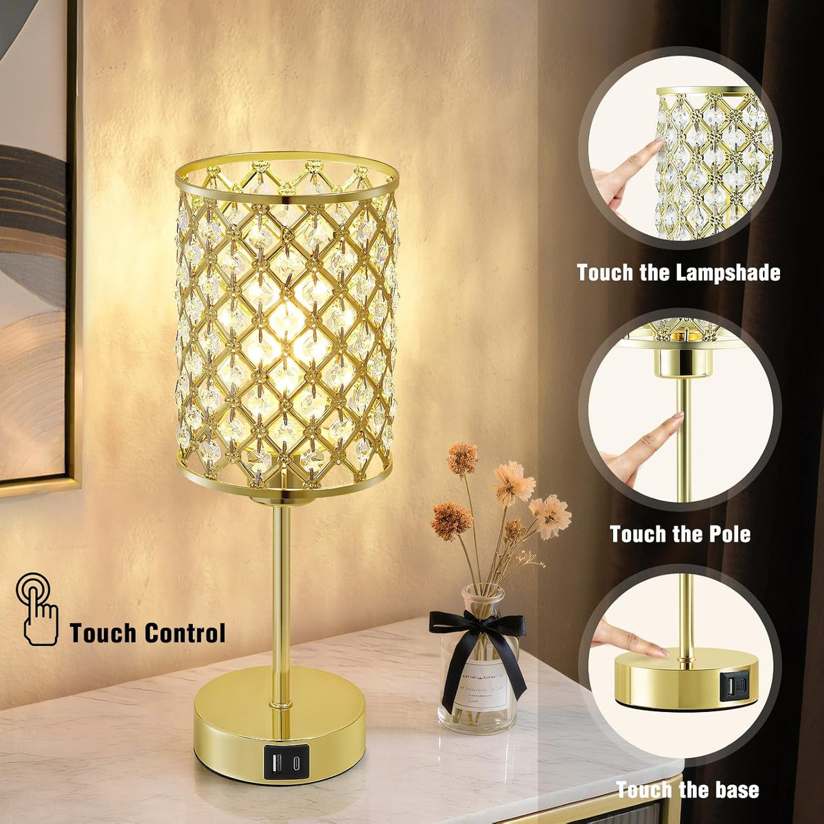GyroVu Gold Crystal Bedside Table Lamps Set of 2 with USB C+A Ports