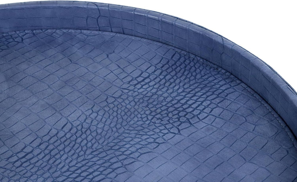 HofferRuffer Round Serving Tray 20'', Elegant Faux Leather Circle Ottoman Table Tray, Serve Tea Coffee Breakfast in Bedroom Living Room Kitchen (Blue, 20")