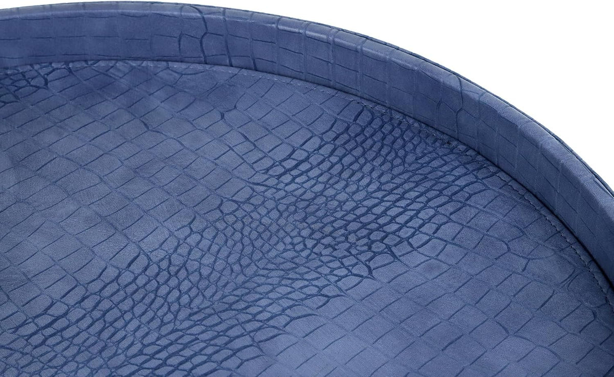 HofferRuffer Round Serving Tray 20'', Elegant Faux Leather Circle Ottoman Table Tray, Serve Tea Coffee Breakfast in Bedroom Living Room Kitchen (Blue, 20")
