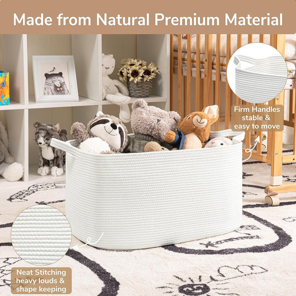 Goodpick Large Woven Rope Blanket Basket, Rectangle, White, 75L