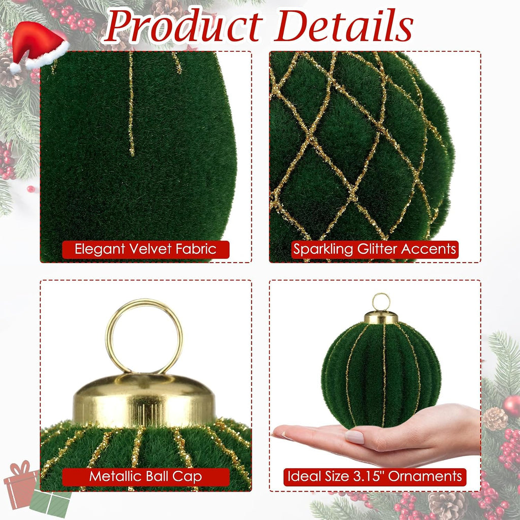 12PCS Velvet Christmas Ornaments Balls 3.15/6.6 Inch Flocked Ornament Sets Glitter Balls for Xmas Hanging Ornaments Decoration Wedding Party Holiday Decor - Evergreen Green