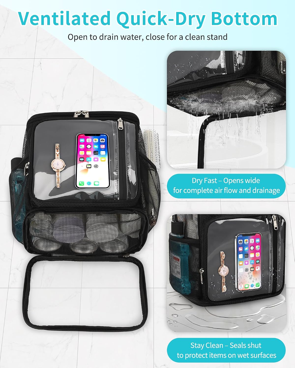 CUBETASTIC Hanging Shower Caddy Portable Bag - Quick Dry Shower Tote for Dorm College Essentials, Water-Resistant Travel Toiletry Bag with Separate Compartment & Multiple Pockets (Black, M)