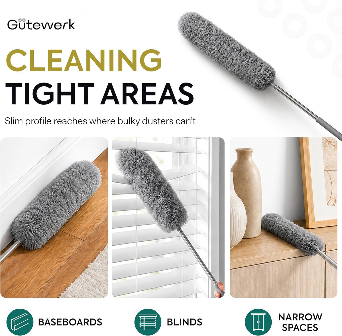 Gütewerk Extendable Microfiber Duster, 360° Bendable Head, 55 Inch Grey