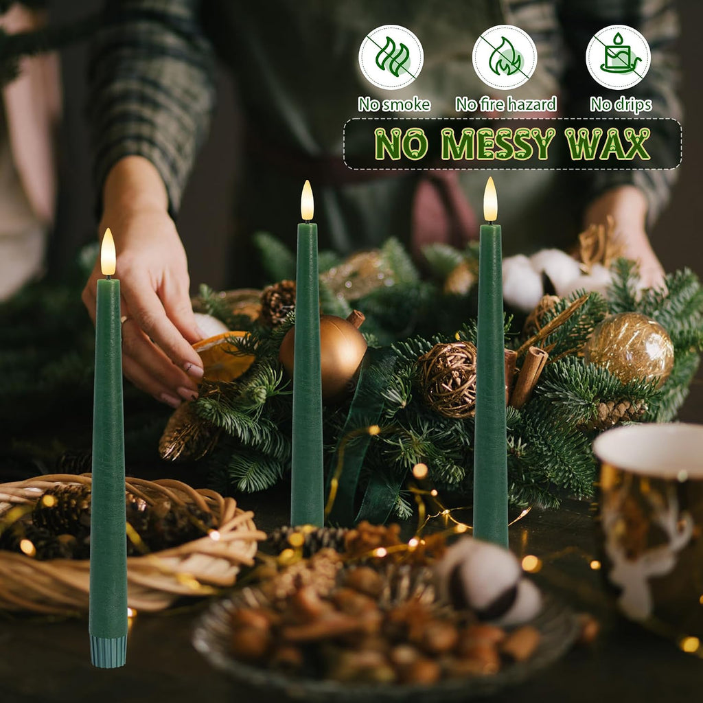 Green Flameless Candles, 9.6" Real Wax Taper Battery Opearted Candles with Remote, 6 Pack Flickering LED Candlesticks with 3D Wick, Classic Tall Taper Candles for Home, Party, Christmas Decor