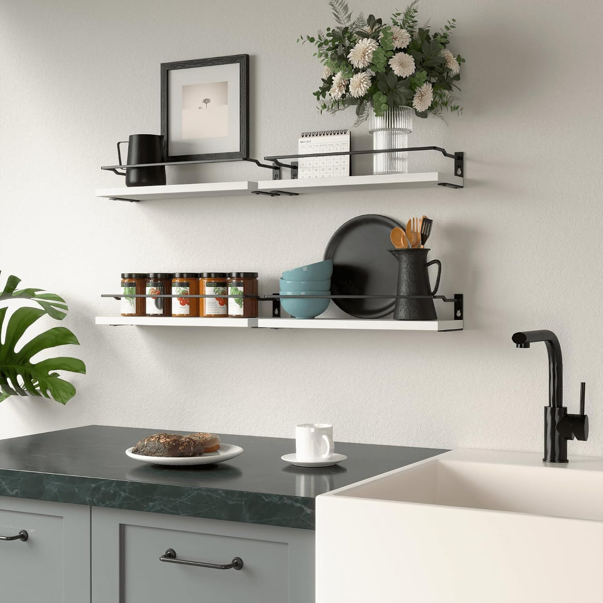 RICHER HOUSE White Bathroom Floating Wall Shelf Set of 4, Small Organizer Over Toilet Storage, Guard-Rail Kitchen Shelves - White