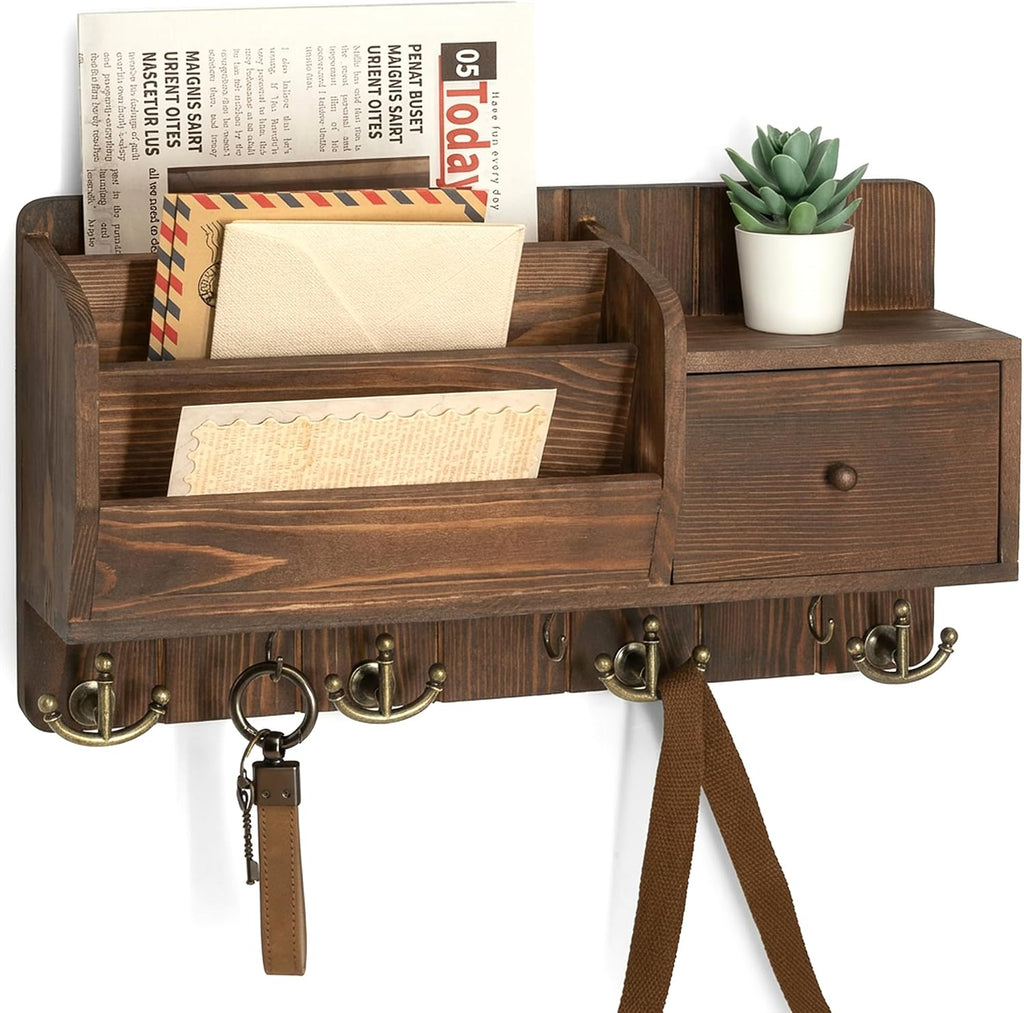 Rebee Vision Pine Wood Key Holder Wall Mount with Mail Sorter, Retro Brown