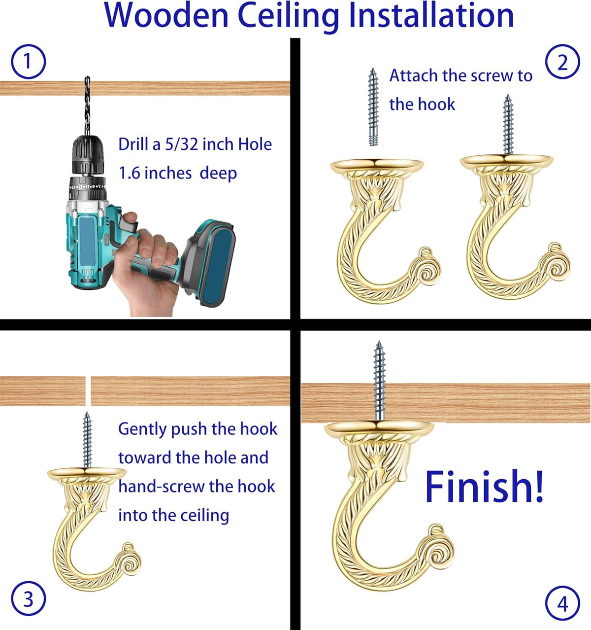 Heavy Duty Ceiling Hooks, Hanging Plants & Baskets (6, Gold)