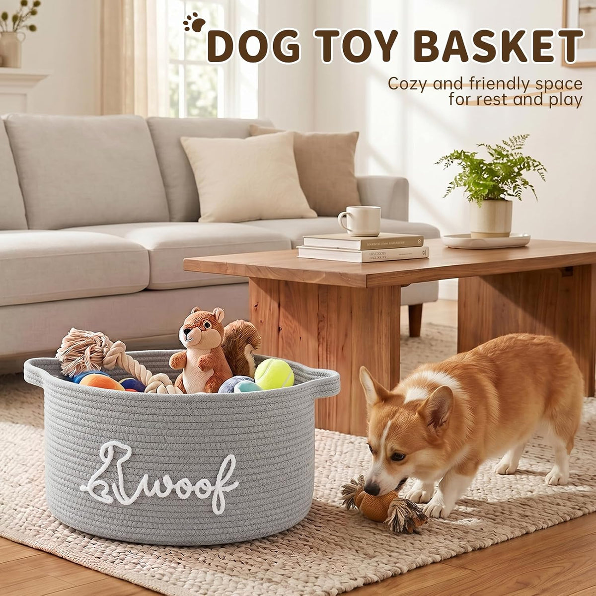 OIAHOMY 22L Large Dog Toy Basket, 16.5"x11.4"x9" Cotton Rope Basket with Cute Woof Embroidery, Soft Woven Pet Toy Box with Handles for Blankets, Leashes & Puppy Accessories, Decorative Organizer Gray