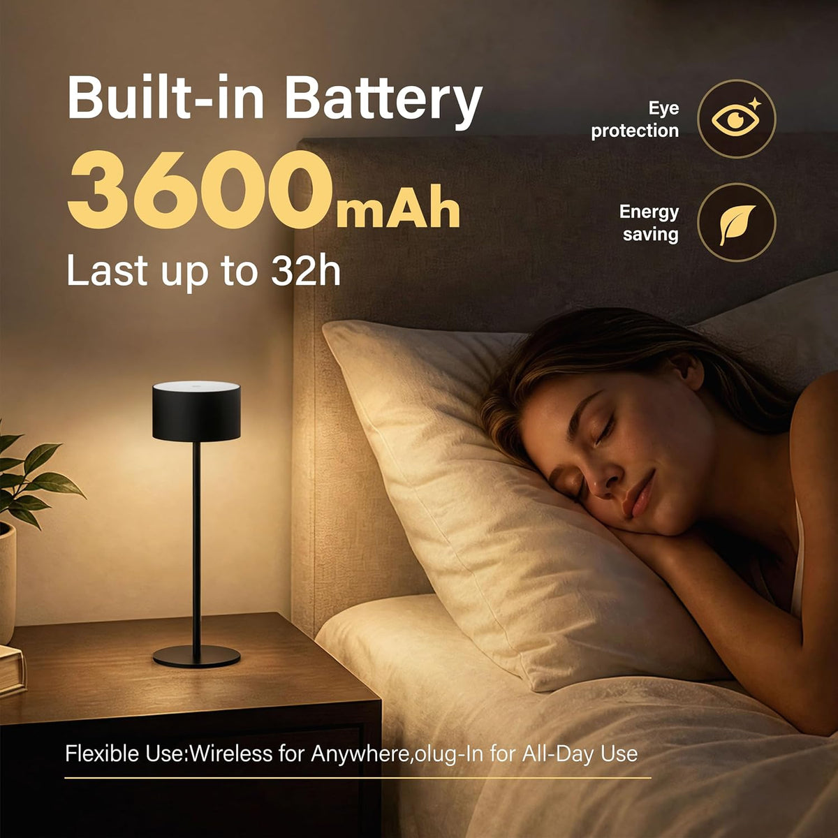 Set of 2 Cordless Table Lamps, 10.3" High Black Rechargeable Small Lamps