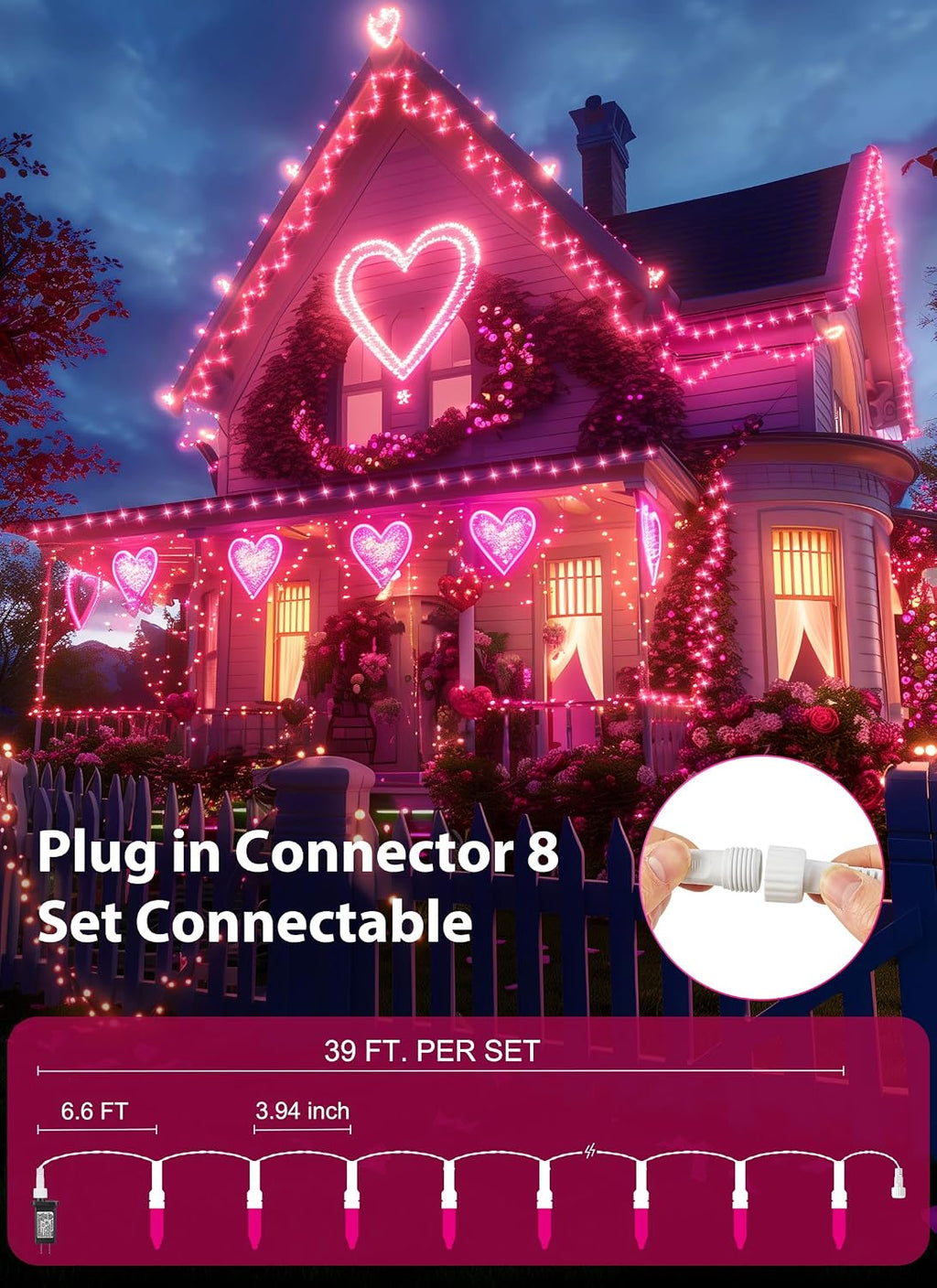 2 Pack Pink Christmas Mini Lights, Total 78Feet 200LED Pink String Light with 8 Lighting Modes, Connectable Valentine's Lights for Indoor Outdoor Valentine's Day Garland Wreath Holiday Decorations