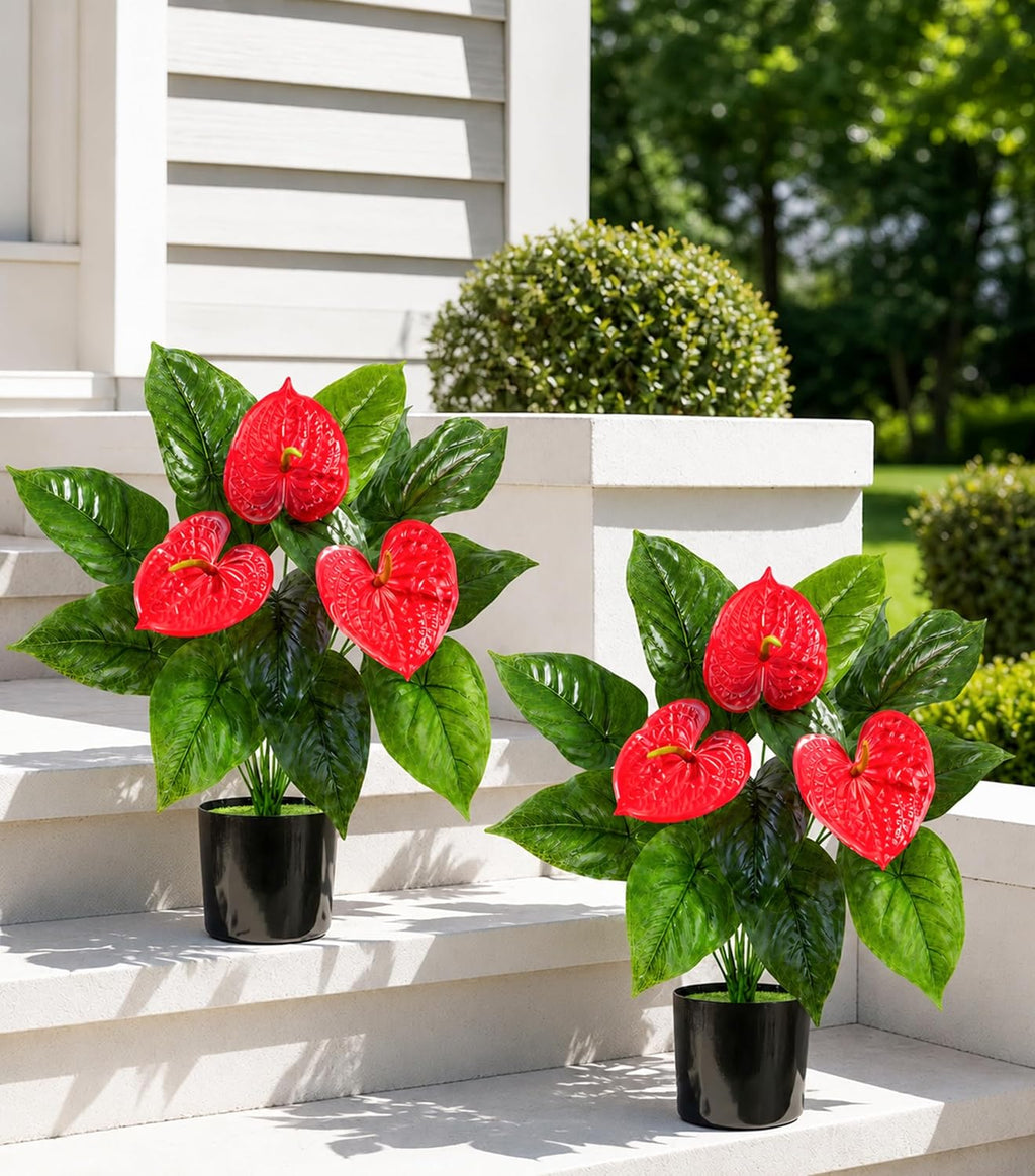 Anthurium Artificial Flowers with Pots, 2 Pack Fake Flowers Potted Faux Outdoor Plants, UV Resistant Realistic Faux Tropical Greenery for Planters Inside Porch Patio Yard (Red, 21.6")