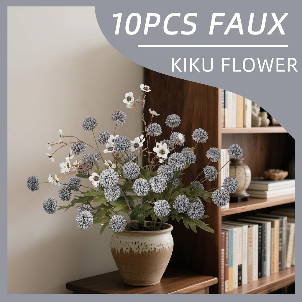 Mixed 10 Pcs Artificial Pompon Mum Set-8 Chrysanthemum & 2 White Daisy, Blue Silk Faux Flower for Vase Fall Floral Arrangements Wedding Centerpiece DIY Home Indoor Outdoor Decor (No Vase)