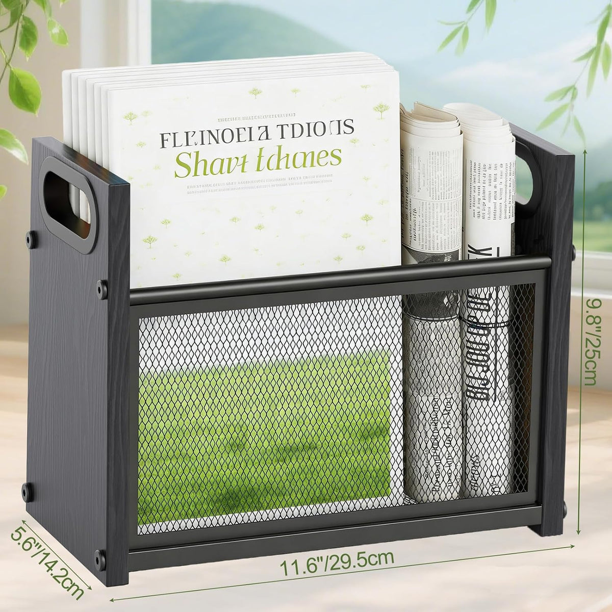Magazine Rack & Holder, Mesh Magazine Rack Floor, Multi-Purpose Storage Organizer for Magazines, Books, Newspapers, Mail, Tablets | Magazines Storage Basket for Home, Office, Bathroom, Black Walnut