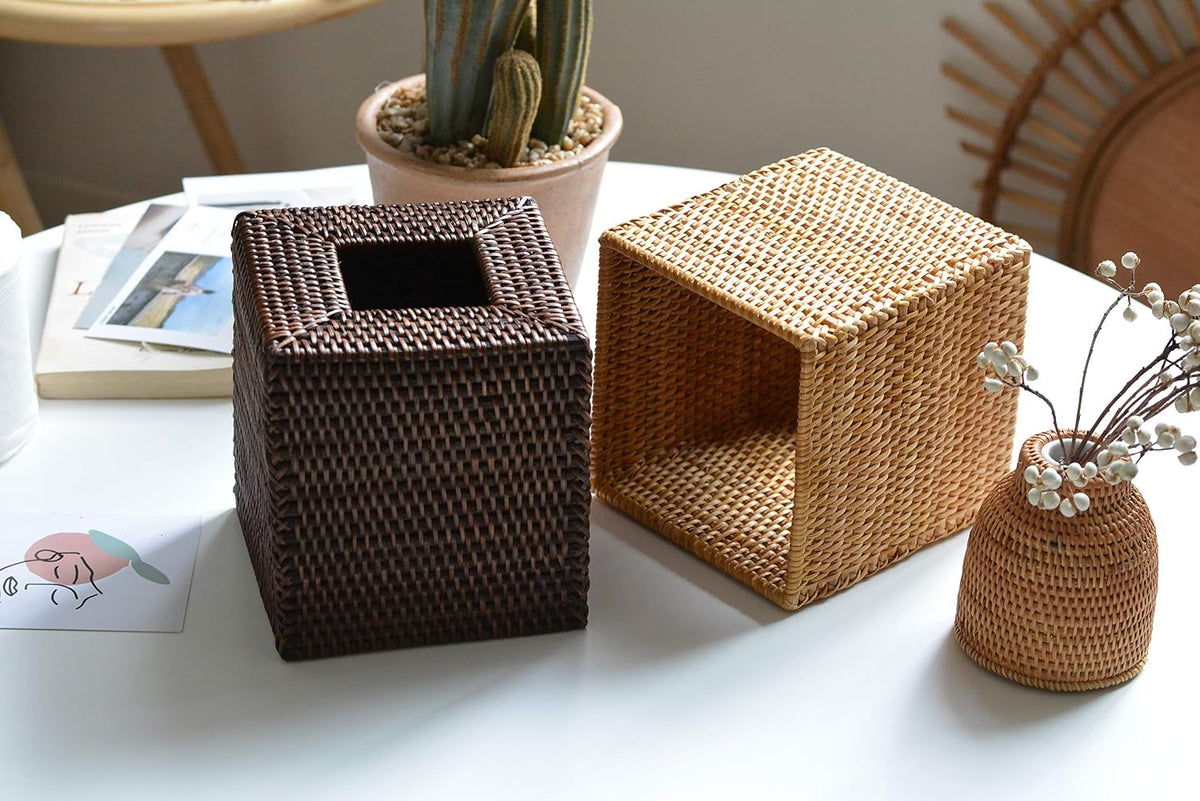 Rattan Tissue Box Cover Square, Hand Woven Wicker Tissue Holder, 5.5 x 5.5 X 5.7 inch, Natural (Pack of 3)