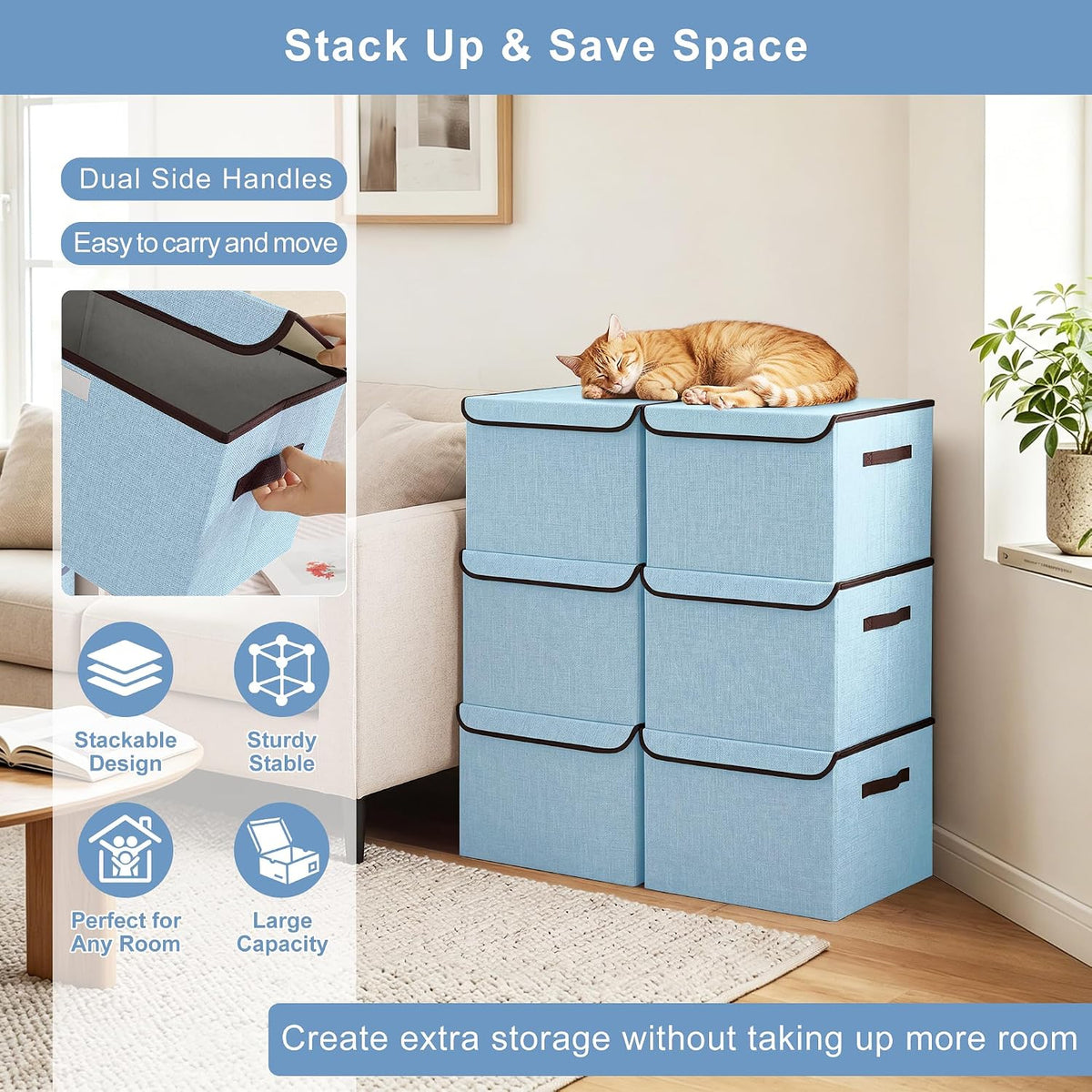 Bagnizer Foldable Storage Bins with Lids, Decorative Storage Baskets, Large Storage Boxes for Home, Office, Bedroom, Closet, Blue, Medium, 4 Pack 14.6 x 9.5 x 9.5”