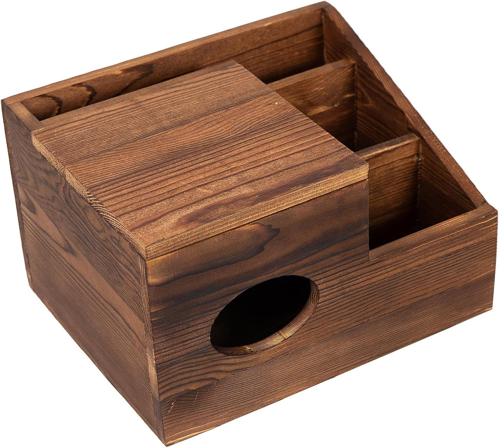 Deluxe Dark Rustic Brown Wooden Remote Control Caddy with Tissue Box Cover – Multi-Compartment Organizer for TV Remotes, Phones, Tablets and Living Room Essentials