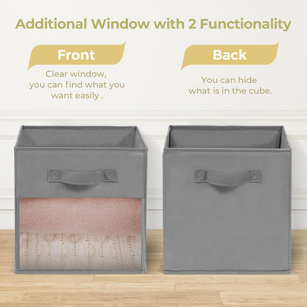 Storage Bins with Clear Window, 11x11 Storage Cubes, Collapsible Cube Storage Box, Fabric Closet Organizers with Handles for Home, Office, Shelf, Closets, Living Room, Grey, 12 Pack