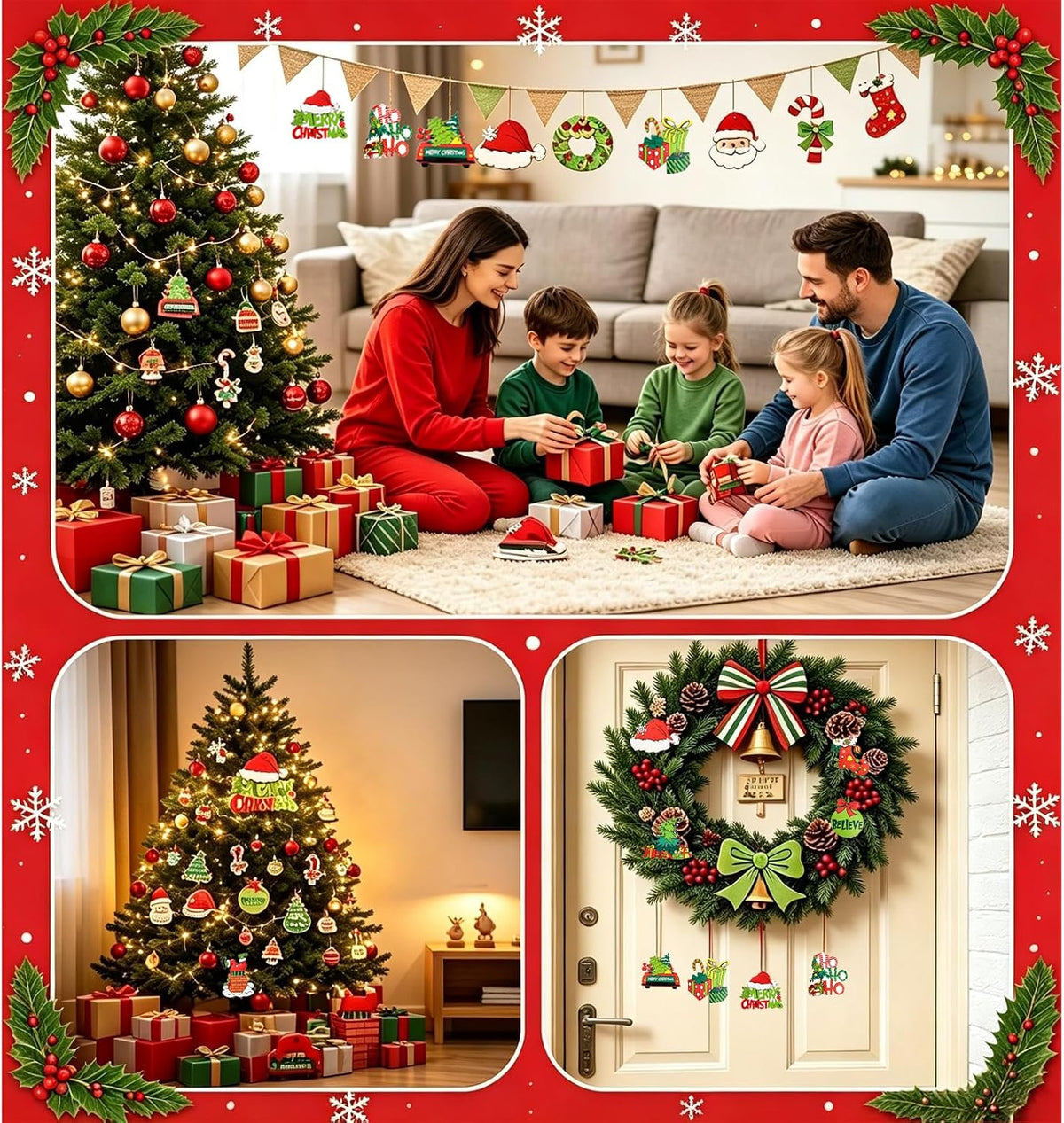 36Pcs Wooden Christmas Hanging Ornaments Set, 12 Styles Retro Cartoon Xmas Tree Decorations, Red Green Classic Color Indoor Home Holiday Decor, Bulk Small Wooden Ornaments for Tree Mantel Party Decor
