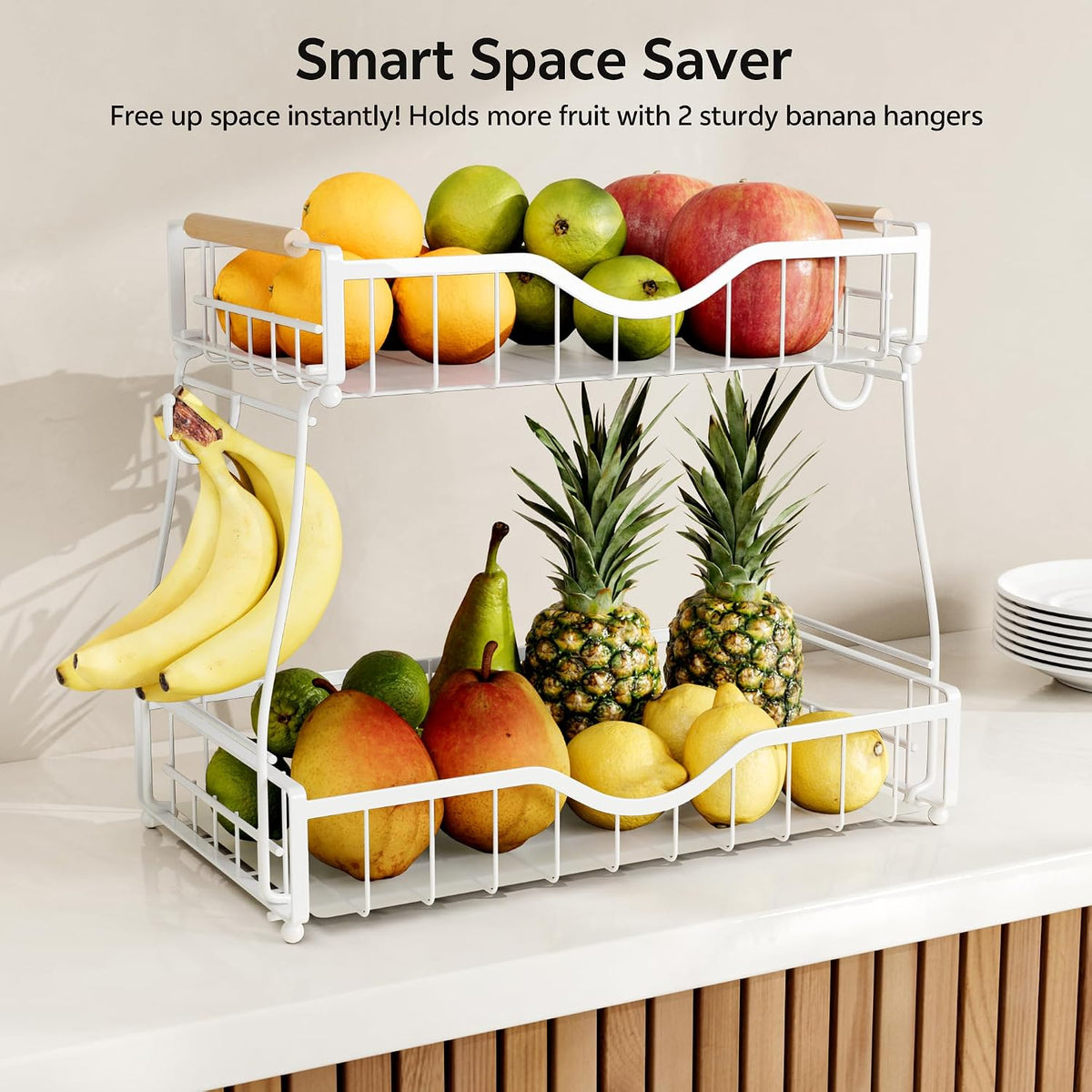 2 Tier Fruit Bowl,Fruit Basket with Banana Hangers,White