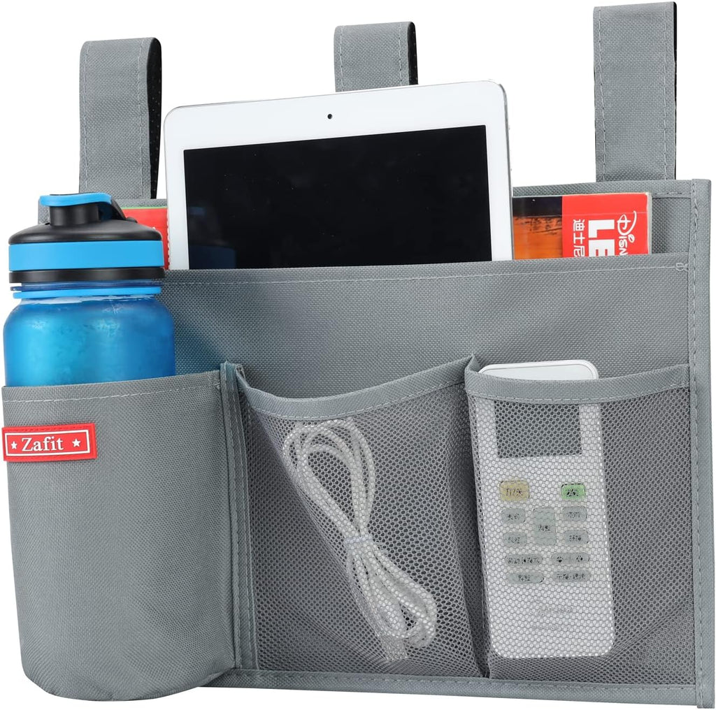 Zafit Hanging Bedside Caddy, Bedside Storage Organizer for Magazine, Phone, Remote control (4 Pockets-Grey)