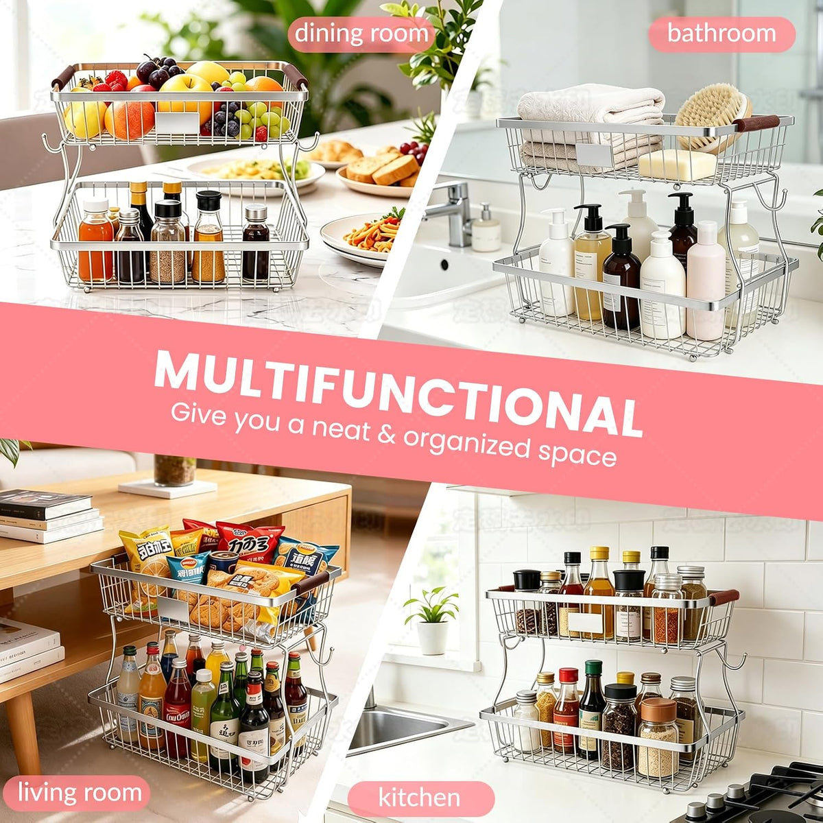 2-Tier Stackable Wire Basket with 2 Banana Hooks, Pantry Organizer for Kitchen Countertops, Cabinets & Under-Sink Spaces; Ideal for Storing Snacks, Fruits, Veggies, Onions, Potatoes, & More,Chrome