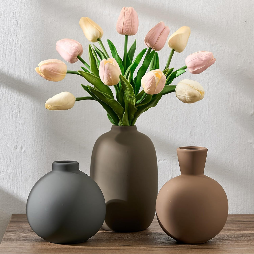 Multicolor Ceramic Vase Set of 3, Nordic Minimalist Vases Home Decor, Modern Aesthetic Farmhouse Decorative for Bouquet Pampas Grass Dried Fresh Flowers, Living Room, Entryway Mantel, Bedroom, Kitchen