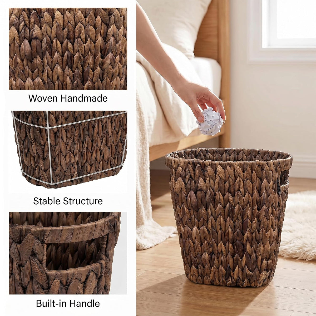 iEGrow 2 Pack Wicker Trash Can, Wicker Waste Basket for Bathroom, Woven Black Hyacinth Wicker Boho Garbage Can Built-in Handles for Bedroom, Office, Decor Home, Kitchen, Living Room (Oval)