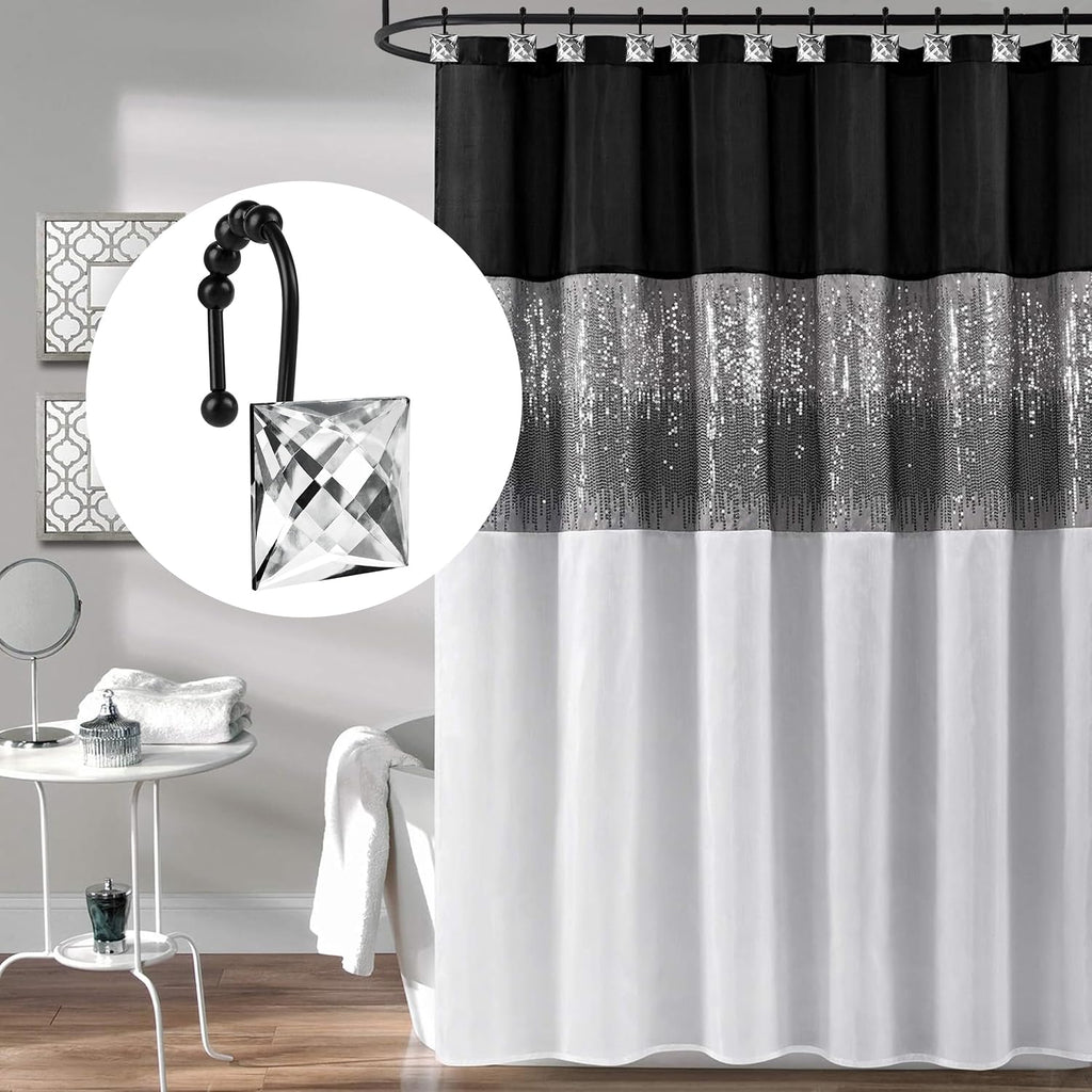 Sunlit Square Rhinestone Shower Curtain Hooks with Glide Balls, 12 Pack