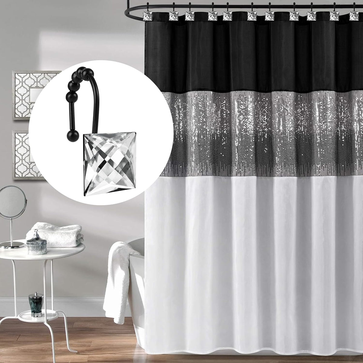 Sunlit Square Rhinestone Shower Curtain Hooks with Glide Balls, 12 Pack