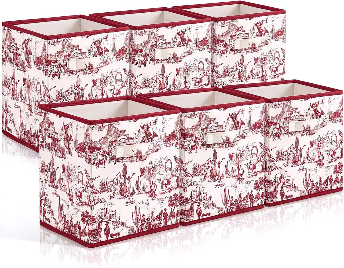 SiliFine 6 Pcs Burgundy Toile French Country Cube Storage Bins, 11 Inch