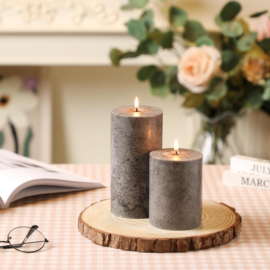 3x6 Inch Grey Pillar Candles Set of 3, Hand-Poured Unscented Pillar Candles