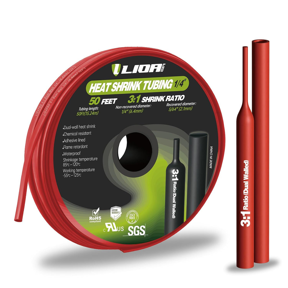 1/4" Red Heat Shrink Tubing 50FT - 3:1 Dual Wall Adhesive Lined, Waterproof Insulation, UL Listed for Automotive Wires, Electronics & DIY Repair