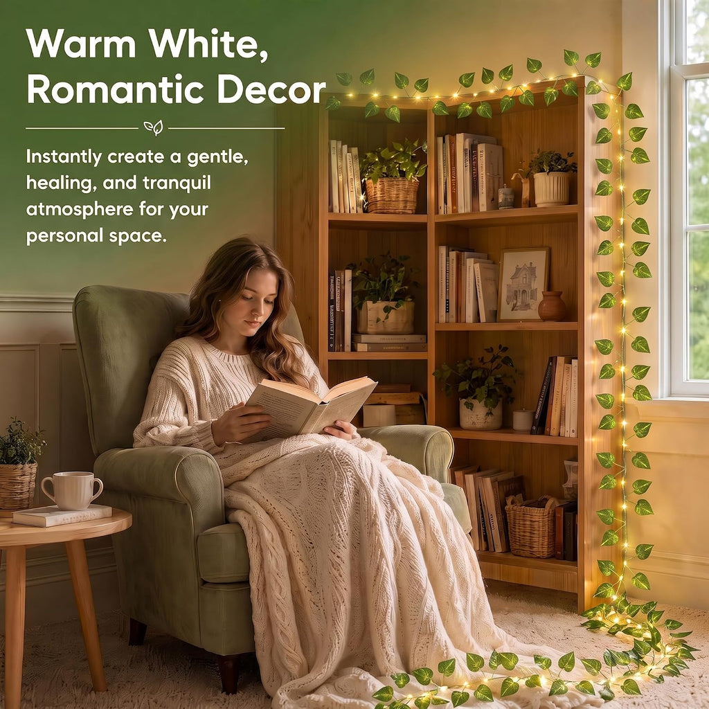 OMIKA Vine with Fairy Lights Battery Operated, 40FT 120LED Pothos String Lights with Remote, Pothos Leaf Lights for Bedroom, Wall, Garden, Party, Wedding Decor(Warm White)