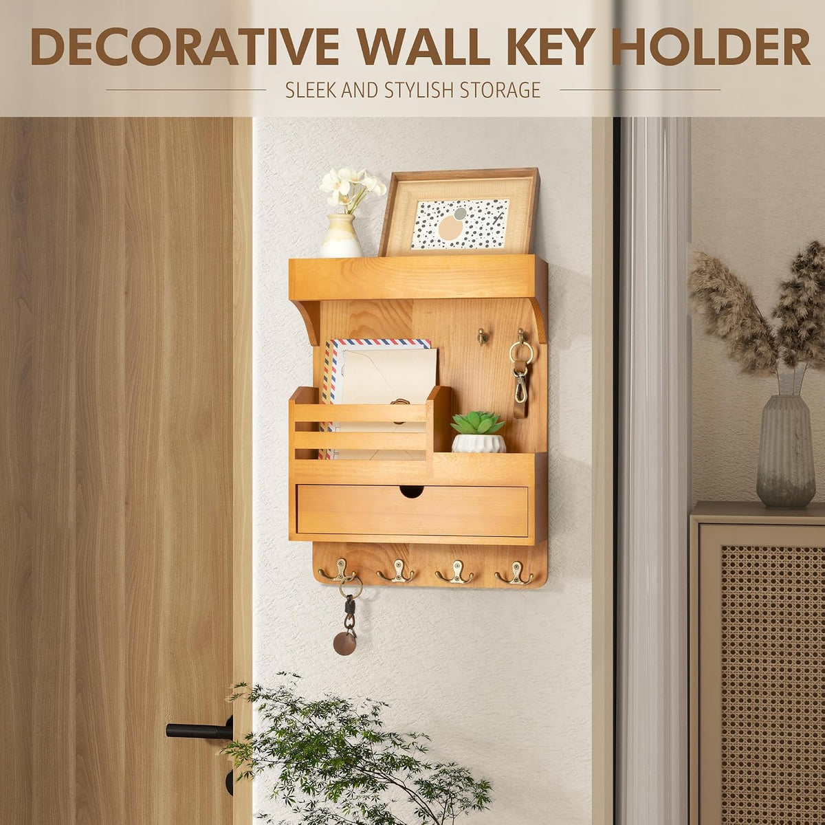 Rebee Vision Key Holder Wall Mount with Drawer for Home Decor, Light Brown