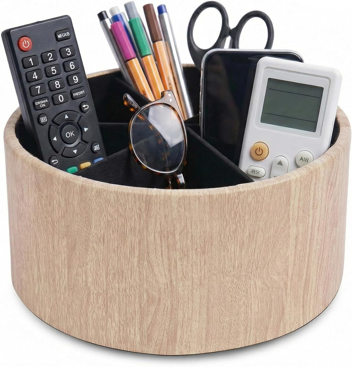 Remote Control Holder, 360°Spinning PU Leather Desk TV Remote Caddy,Desk Storage Box Room Accessories for Controller, Media,Mail,Calculator, Mobile Phone,Pencil(1-Big Thin Yellow)