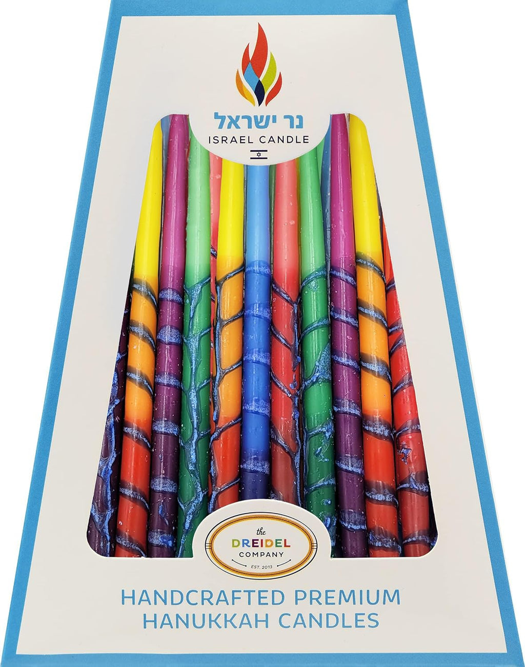 The Dreidel Company 10-Pack Dripless Hanukkah Candles, Multicolored Ombre Striped Deluxe Tapered Decorations, 1 Hour Burn Time, Chanukkah 45 Menorah Candles Box for All 8 Nights of Chanukah